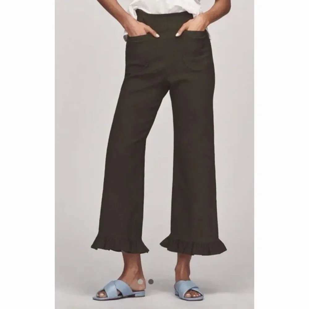 Anthropologie Maeve Colette Magic Fabric Ruffle Hem Crop Wide-Leg Pants 28 Green